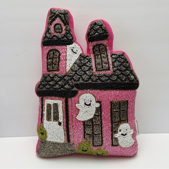 Cupcakes & Cashmere Set of 2 Beaded Halloween Ghost Haunted House Pillows NEW - Picture 5 of 5
